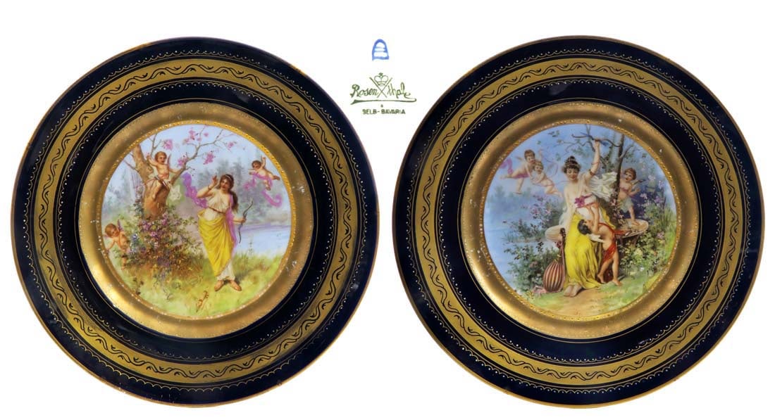 A Pair of 19th C. Royal Vienna / Rosenthal Plates: A Pair of 19th C. Austrian Royal Vienna / German Rosenthal Hand Painted Cobalt Porcelain Plates. D 10"
