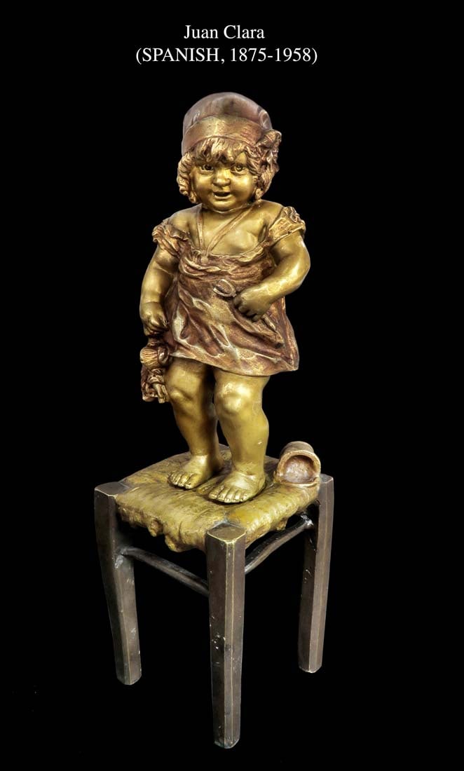 Juan Clara (Spanish 1875-1958) Bronze Sculpture, Signed: Juan Clara (SPANISH, 1875-1958) A timid child standing on a chair Bronze Statue, Signed. H 12.1/2"