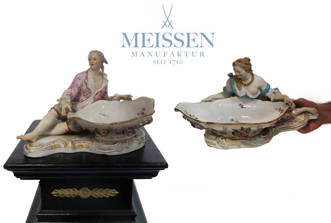 A Pair of 19th C. Large Meissen Sweet Meat Dishes: Pair of 19th C. Large Meissen Sweet Meat Dishes. German Hand Painted Porcelain. NOTE: The table is NOT included! H 7" x 12" x 7"
