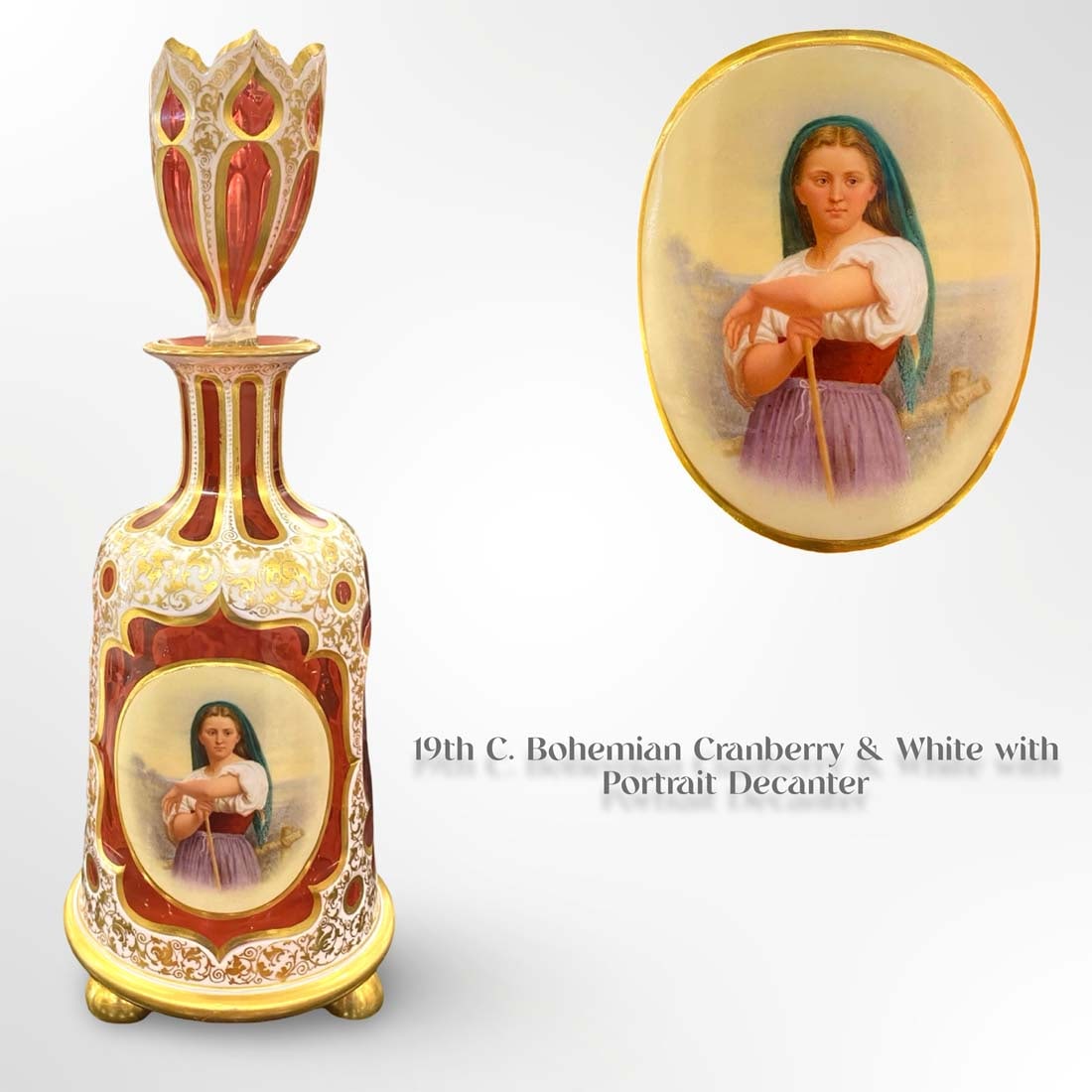 19th C. Bohemian Hand Painted Cranberry & White Art Glass Crystal Lidded Decanter (1 of 3)