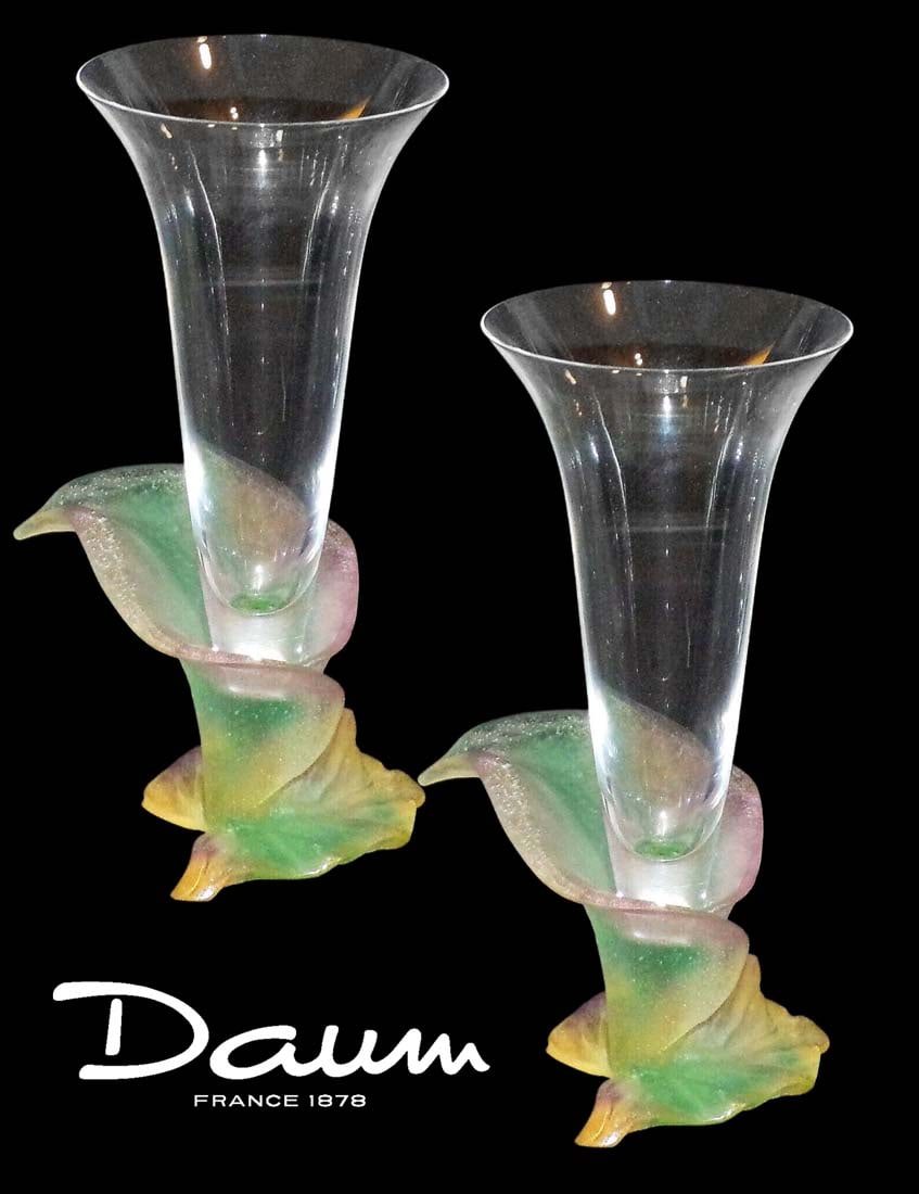 A Pair of French Daum Lily Pate De Verre Crystal Glass Vases, Signed (1 of 6)