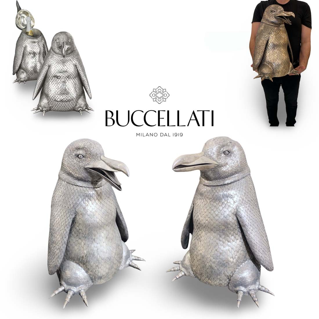 A Pair of Large Italian Buccellati Sterling Silver Figural Penguin Wine Cooler, Signed (1 of 6)