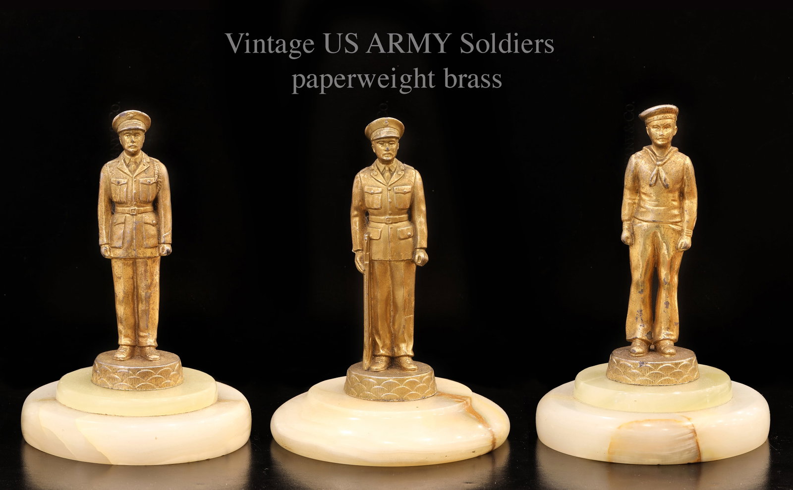 A Set of Three Vintage US ARMY Soldiers Brass & Onyx Marble Paperweights (1 of 5)