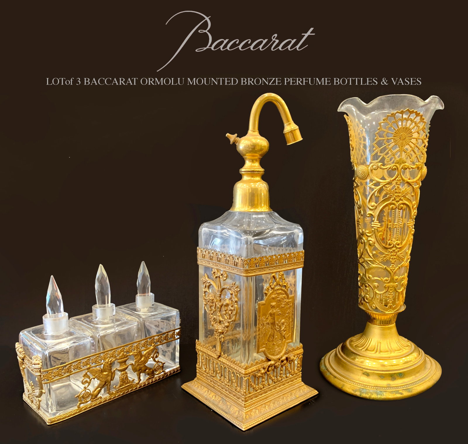A Lot of Three 19th C. French Baccarat Crystal & Bronze Perfume Bottles & Vases (1 of 9)