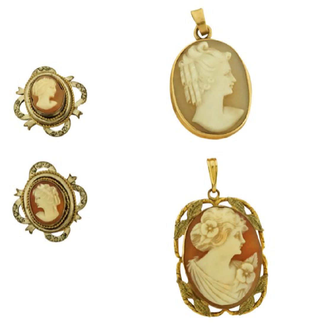 Cameo Earrings and Two Pendants: Lot 209 Cameo Earrings and Two Pendants Ten karat Cameo/Locket pendant measuring 24 x 18, oval cameo pendant measuring 25 x 20 mm and pair of silver cameo screw back earrings Est. $100-