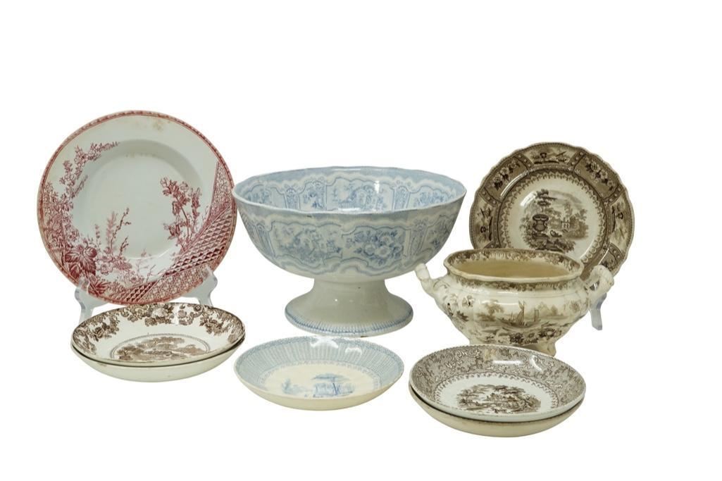 Set of Ironstone China: Lot 1 Nine Pieces of Ironstone China Five plates of brown transfer ironstone china in "Aurora" pattern, Clementson Brothers plate in "Aleppo" pattern, James MacIntyre & Company ironstone red bowl