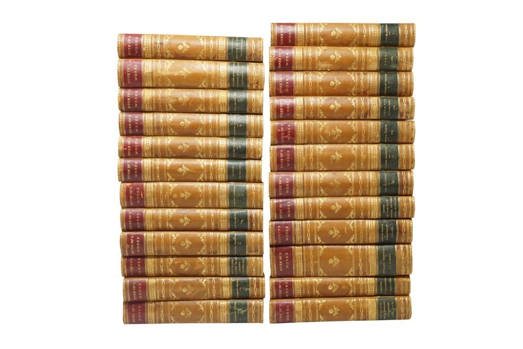 Set of John Ruskin Books [24 vols]: Lot 23 Set of John Ruskin Books [ 24 vols] Chicago and New York: Belford Clarke, n.d. (c. 1870) 3/4 calf over marbled boards, marbled edges, and endpapers, gilt-lettered leather spine lab