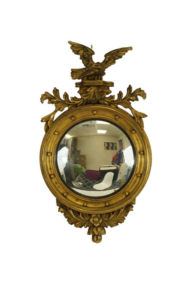 Federal Girandole Gilt Carved Mirror: Lot 42 Federal Girandole Gilt Carved Mirror Federal girandole mirror with a gilded frame featuring eagle perched with wings spread flanked by foliate carving. Contains original convex glass. Frame set