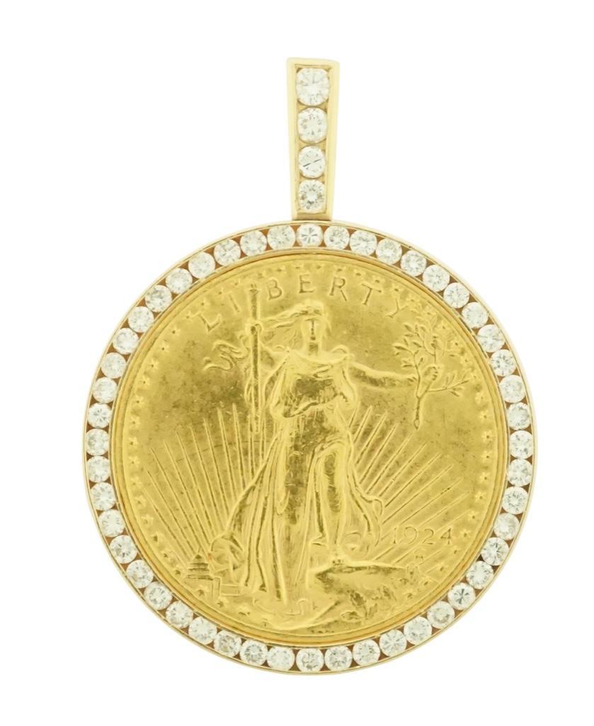 Diamond and 1924 Twenty-Dollar Saint-Gaudens Double: Lot 100 Diamond and 1924 Twenty-Dollar Saint-Gaudens Double Eagles Coin Pendant The pendant consists of a 1924 $20 Saint-Gaudens Double Eagle Coin set into a fourteen-karat yellow gold and diamond be