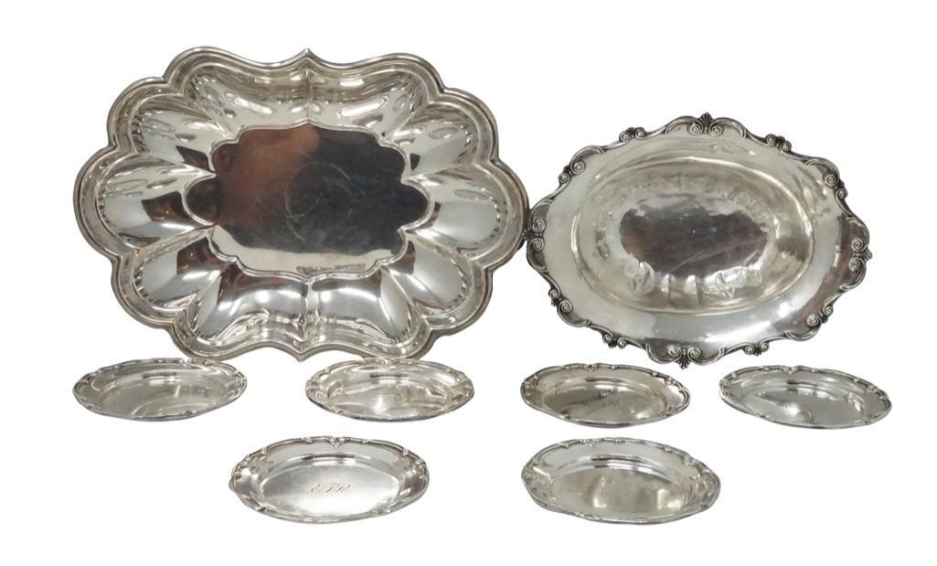 Two Oval Sterling Bread Bowls and Set of Six Trays [8: Lot 124 Two Oval Sterling Bread Bowls and Six Plates [8 pieces total] Two sterling bread bowls Towle and Reed and Barton, and six sterling plates with Rococo edge engraved EJR. Sterling Towl