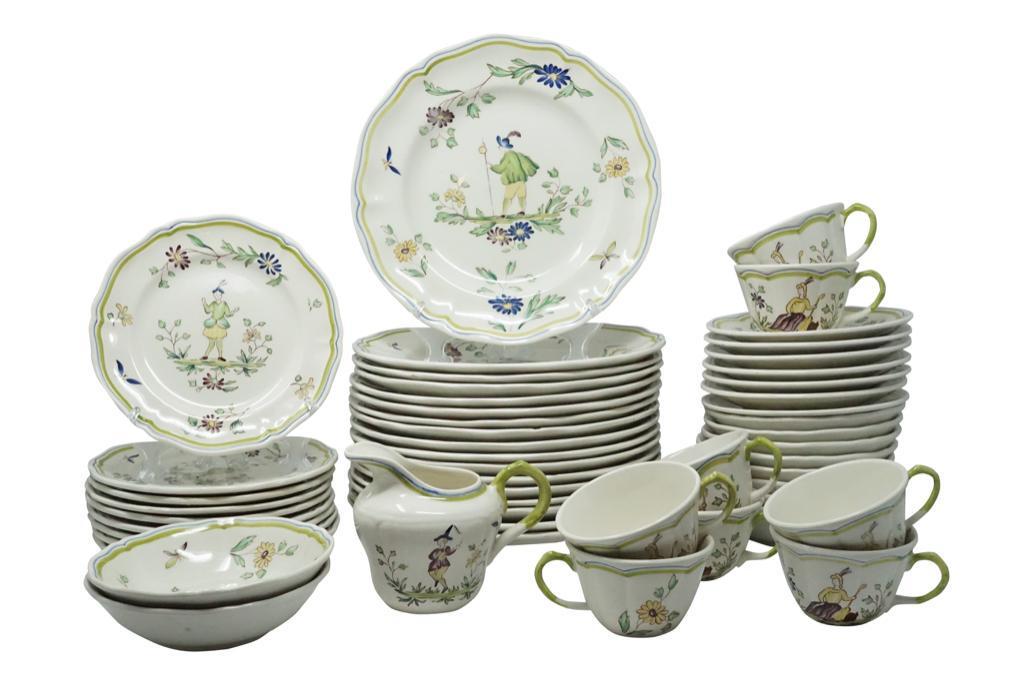 Set of Longchamp China [52 pieces total]: Lot 166 Set of Longchamp 'Moustiers' China [52 pieces total] Ceramic Moustiers pattern includes seventeen dinner plates, eight coffee cups, seven saucers, one creamer, ten bowls, and nine salad 