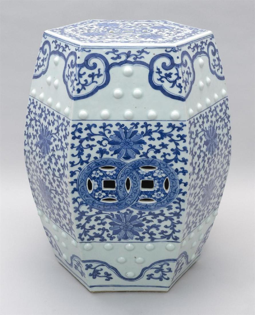 Chinese blue white garden seat, In hexagonal form. (1 of 5)