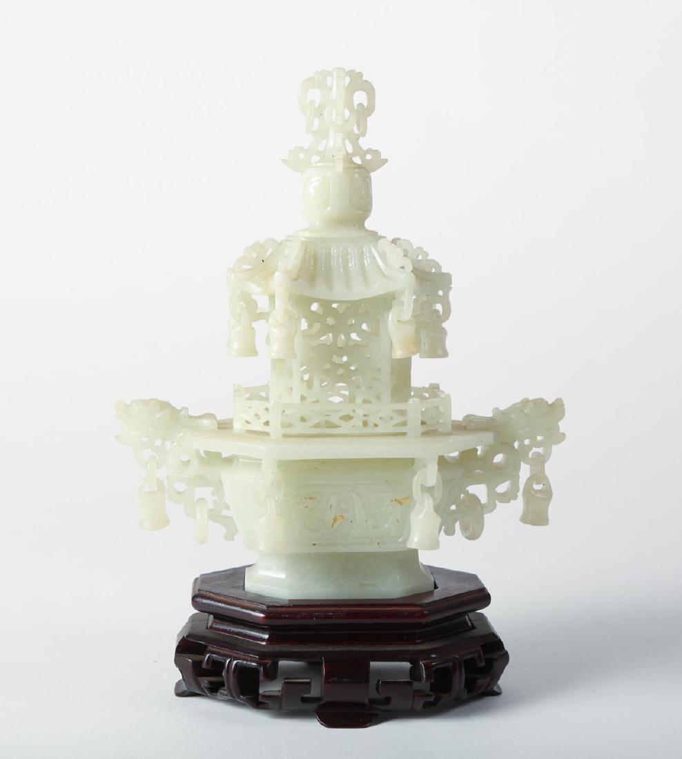 Chinese Celadon Jade Pagoda Form Censer: Height: 7 3/8 inches
