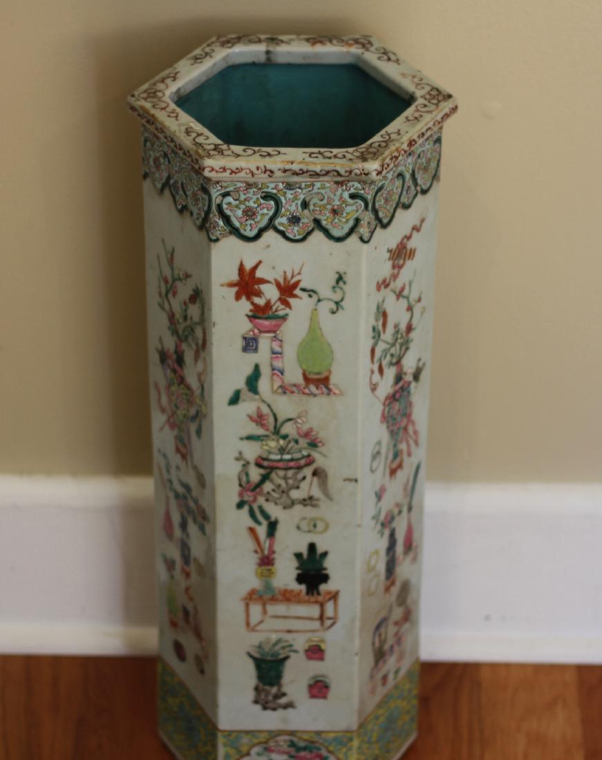 Chinese famille rose umbrella vase: hexagonal form, measure about 23" tall