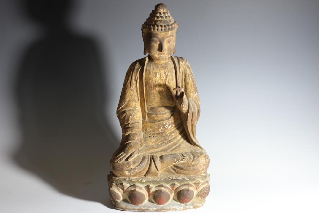 Chinese wooden buddha, Ming dynasty: with old warren e cox label, and maked Ming, 12" tall.