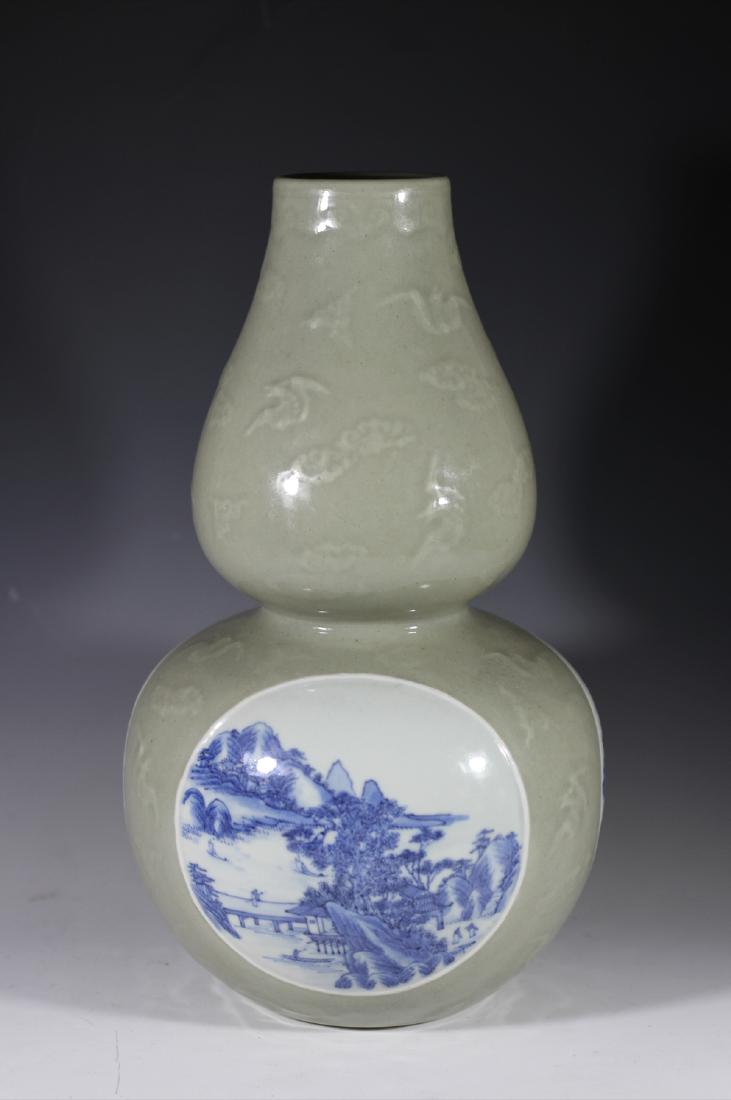 Chinese celadon ground vase with blue white pancels (1 of 6)
