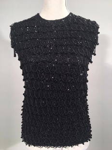 Black Sleeveless Blouse, With Beads: Black sleeveless blouse with black glass beads and sequins.