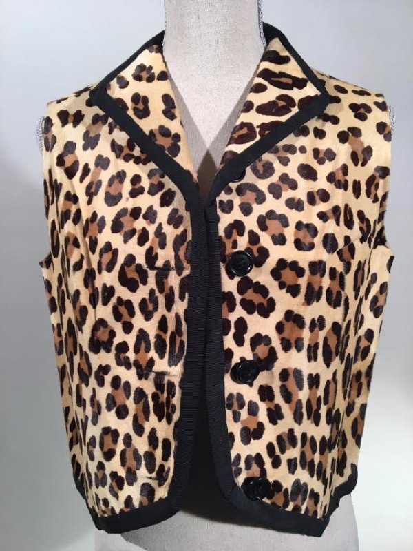 Dyed Stenciled Calf "Leopard Pattern" Vest: Calfskin vest, dyed and stenciled in a Leopard pattern, Miss Alice Macy's label, size Small, Dimensions: 18: w x 19" l
