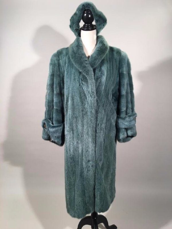 Dyed Green Long-Haired Mink Coat With Matching Headband (1 of 12)