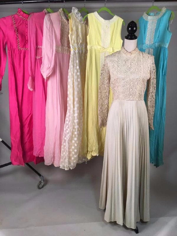 Collection Of Pastel Dresses 1970's: Collection of 7 long summer dresses, with a formal dress with crochet work top, circa 1970's