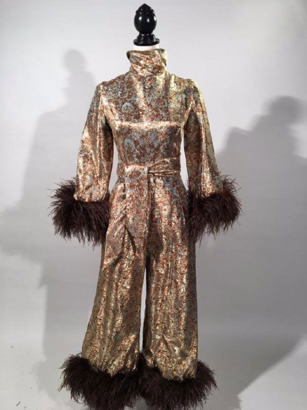 Gold Lame' Jumpsuit With Ostrich Feater Trim (1 of 13)