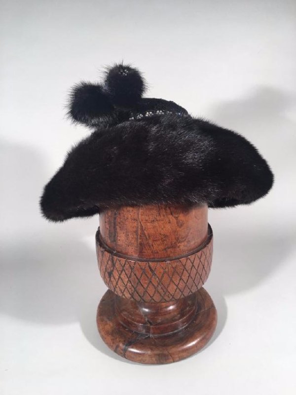 Cloth Hat With Lace, Rhinestones And Mink: A designer cloth hat with lace, Rhinestones and Black Mink brim.