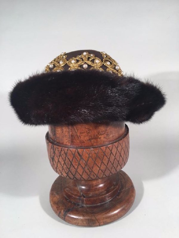 Cloth Hat With Broccade And Ranch Mink: Brown cloth hat with gold brocade decoration, Ranch Mink brim.