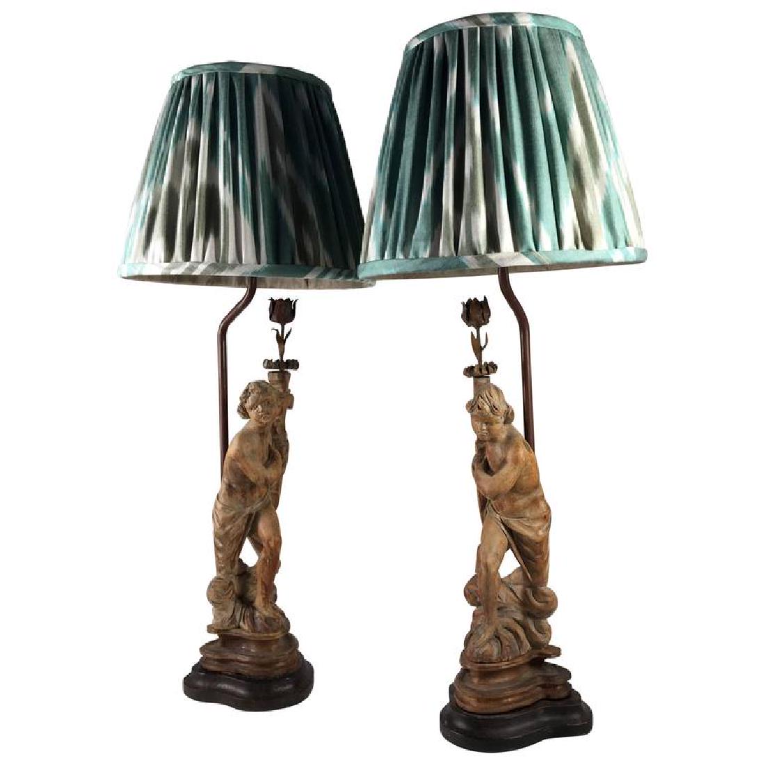 Pair Of Italian Carved Wood Figural Lamps, 19th C. (1 of 3)
