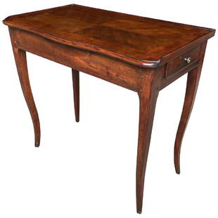 Louis XV Side Table, 18th C.: A Louis XV side/writing table with drawer, in walnut, with a parquetry top and cabriole legs, circa 1790, French. 27" w x 15" d x 24.5" h