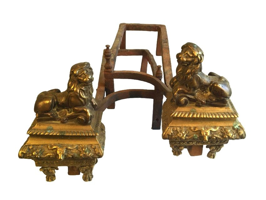 Pair Of Brass Chenets, Lions (1 of 8)