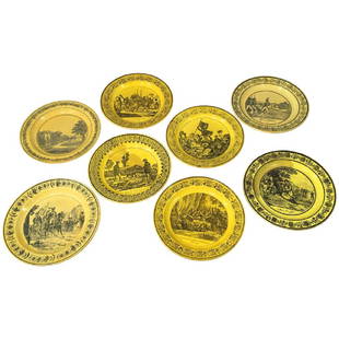 Collection Of 8 Yellow Creil Pictorial Plates, 19th C.: A collection of 8 yellow glazed pictorial plates from Creil Montereau, circa 1820. 8" dia.