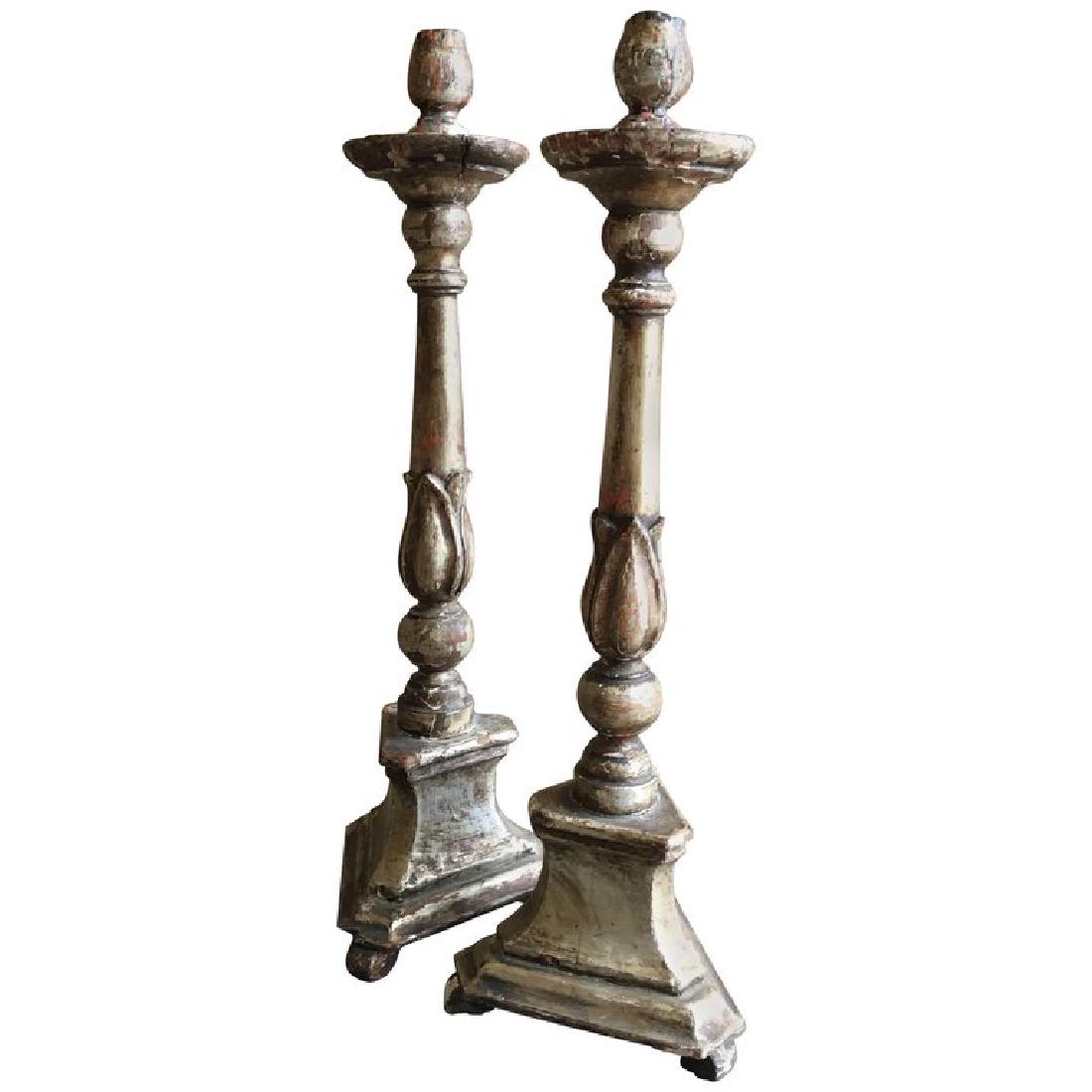 Pair Of Italian 18th C. Silver Giltwood Candlesticks (1 of 5)