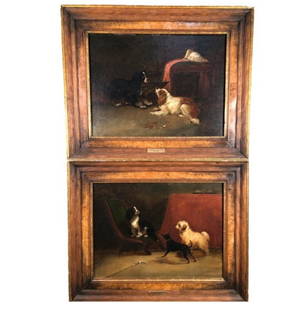 Pair Of Dog Subject Paintings, George Armfield (attrib): A charming pair of dog theme paintings attributed to George Armfield (1808-1893) one titled "His Master's Chair" and the other "Getting Into Mischief", unsigned but each having a brass plaque with the