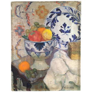 Still Life Painting, Signed "C. Curtis", 19th C.: An oil-on-canvas still life painting of delftware bowls with fruit, signed lower right C. Curtis, 14" w x 18" h.