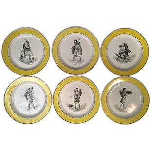 Collection Of 6 Creil Plates, Months Of The Year: A collection of 6 yellow and white transferware plates, Creil Montereasu, depicting the months of the year, circa 1810. 8" dia.