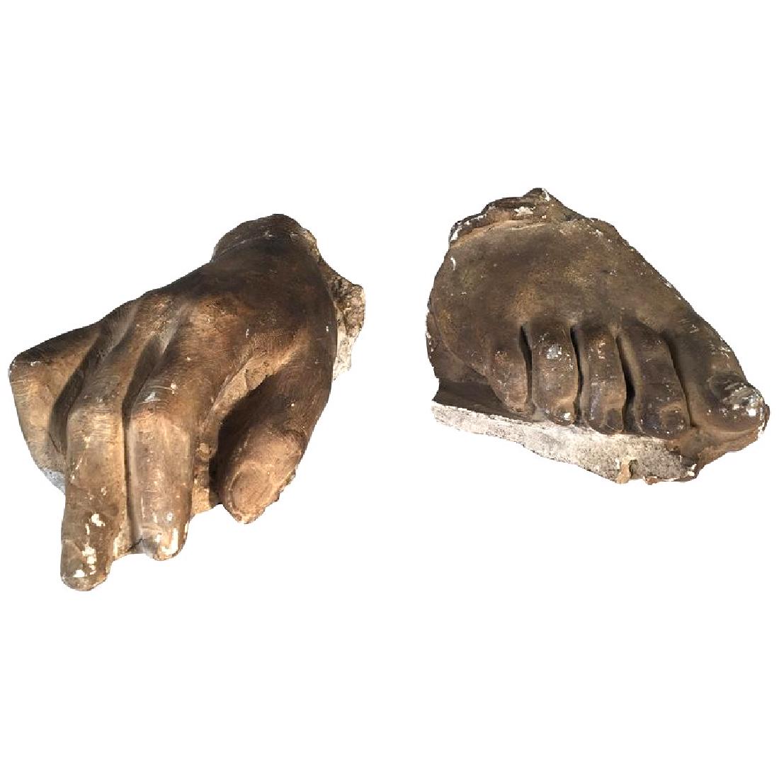 Plaster Casting of Hand And Foot, 19th C.: A group of 2 plaster castings of a hand and a foot, American, 19th century. 7" w x 4" d x 3" h