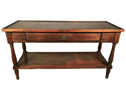 French Country Style Serving Table: A French Country style long serving table with drawer and lower shelf. 48" w x 18" d x 26" h