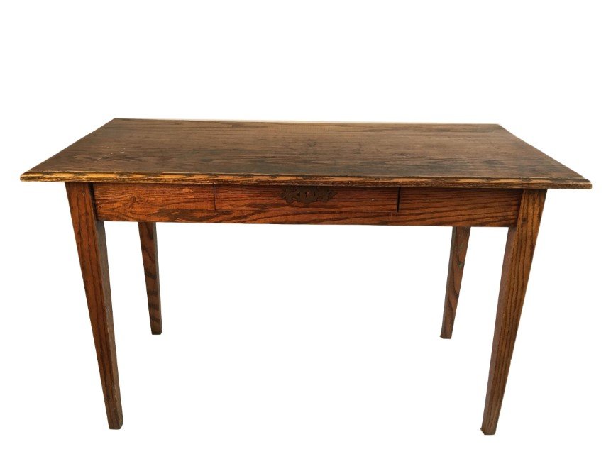 Country Work Table, Oak: A country work table in oak with straight legs and a small drawer, 46" w x 21" d x 30" h
