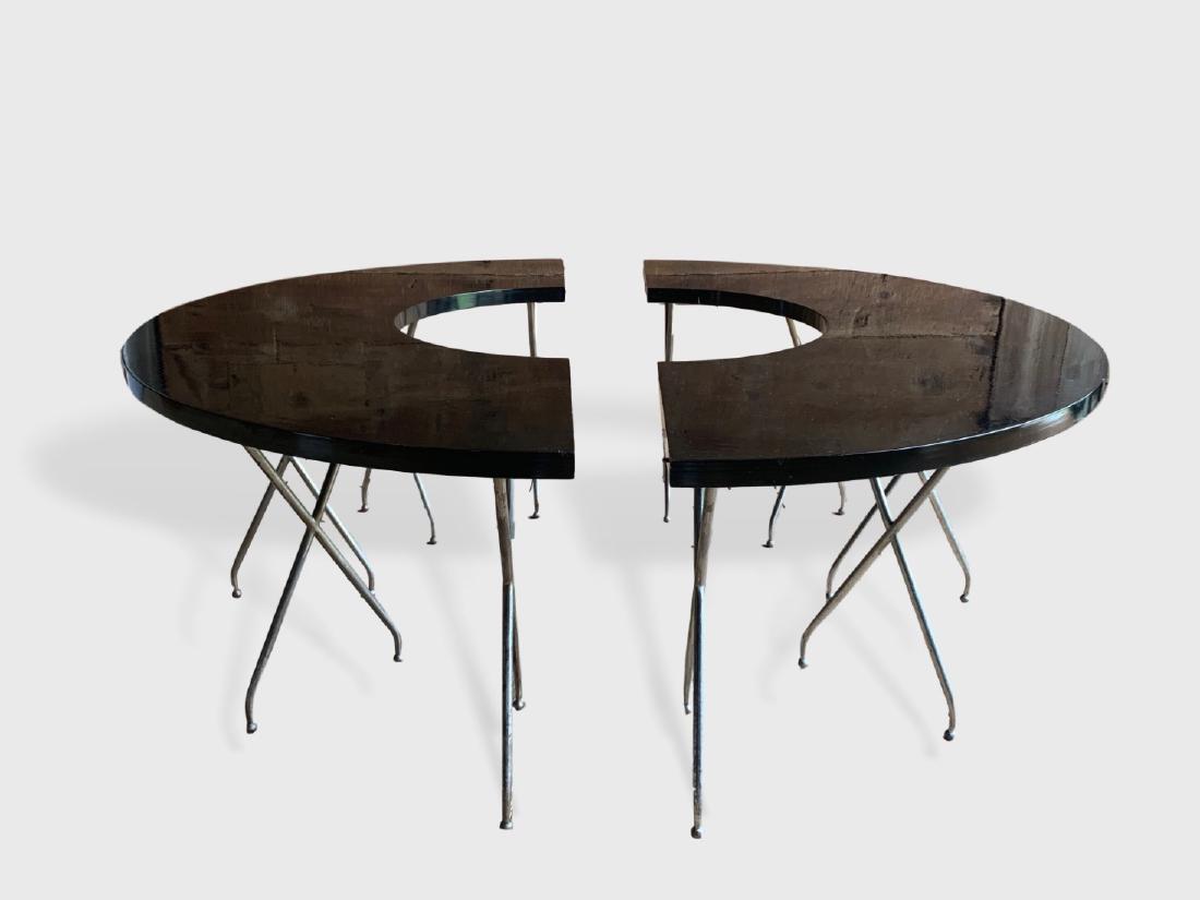 Pair Of Demilune Tables, Style Of Royere: An interesting pair of polished steel and lacquered wood demilune tables which can be used as consoles or assembled to make a round dining or conference table, 1950's French. Dimensions: 70" w x 35" d
