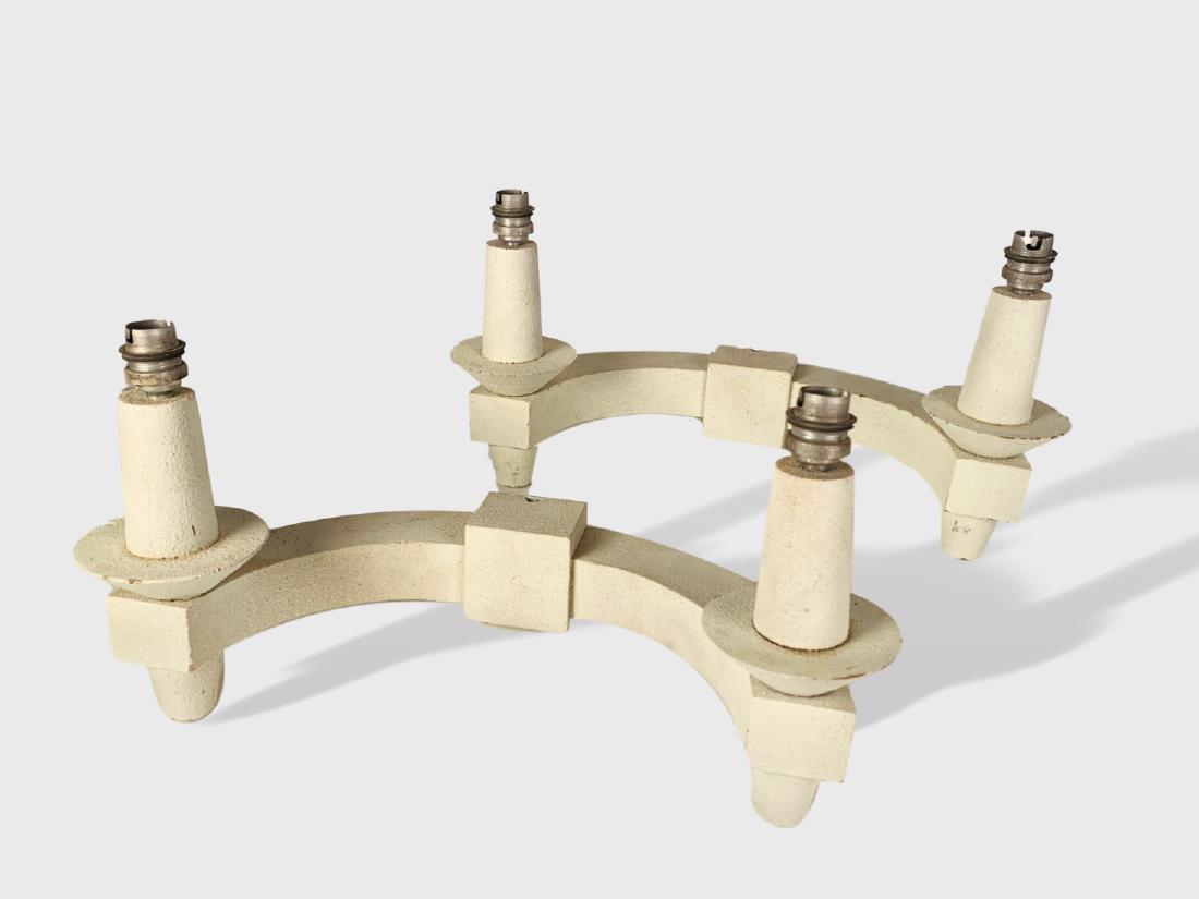 Pair Of Wood "Arte Moderne" Sconces: A pair of French `1930's Arte Modern 2-arm wall sconces in painted wood. Dimensions: 18" w x 9.5" h x 8" .d French wiring