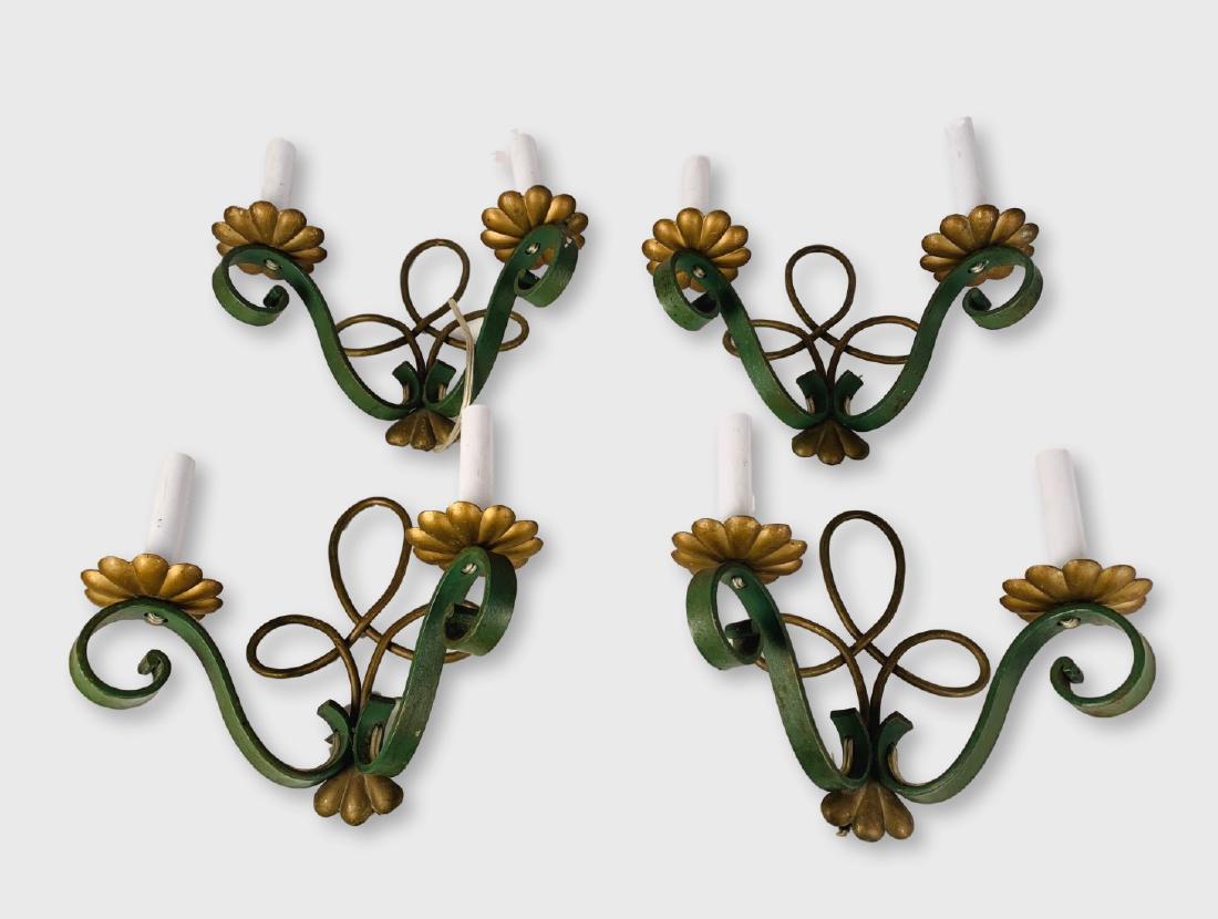 Set Of 4 1940's French 2-arm sconces: A set of 4 French 2-arm wall sconces in wrought iron and tole, circa 1940. Rewired. Dimensions: 11" w x 9" h x 5" d