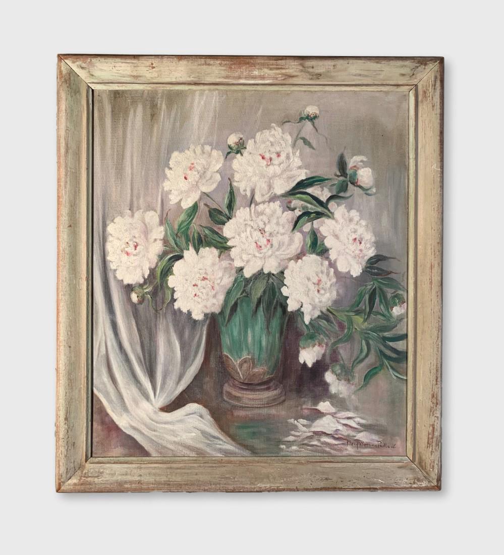Mary Watson Pedlow, Peonies In A Vase: An oil-on-board still life, by Mary Watson Pedlow, of Peonies in a green vase. Dimensions: Frame- 31" w x 35" h Sight: 25.5" h x 29.5" h