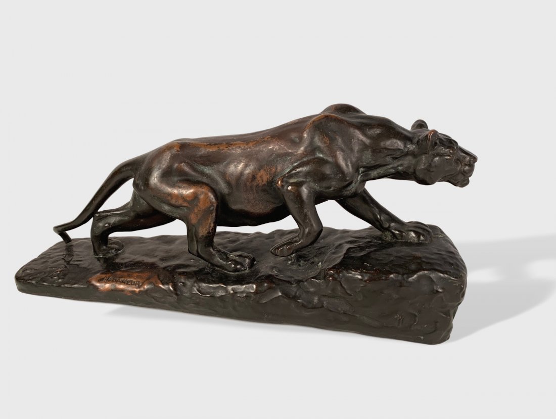 Panther Sculpture, I. Bonheur: A bronzed plaster sculpture of a panther after a model by Isidore Bonheur (1827-1901). Nice patina with signature on base. French 19th c. Dimensions: 19" w x 4.5" d x 8" h
