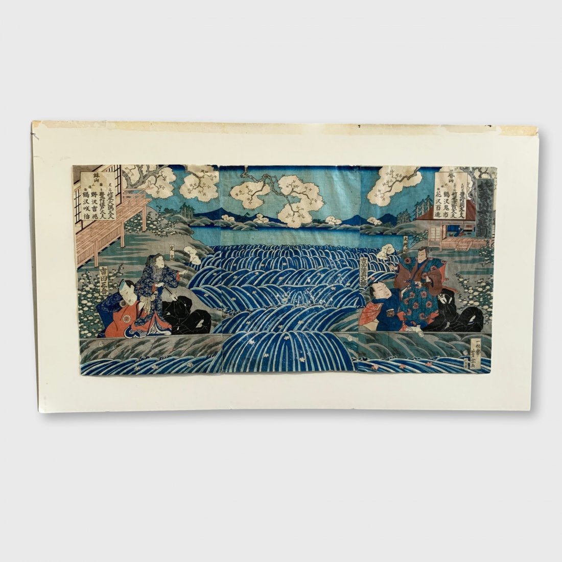 Japanese Woodblock Print, Triptych: Japanese woodblock triptych print of a scene in a Kabuki play, Osaka, by Yoshitaki. (1849-1899)