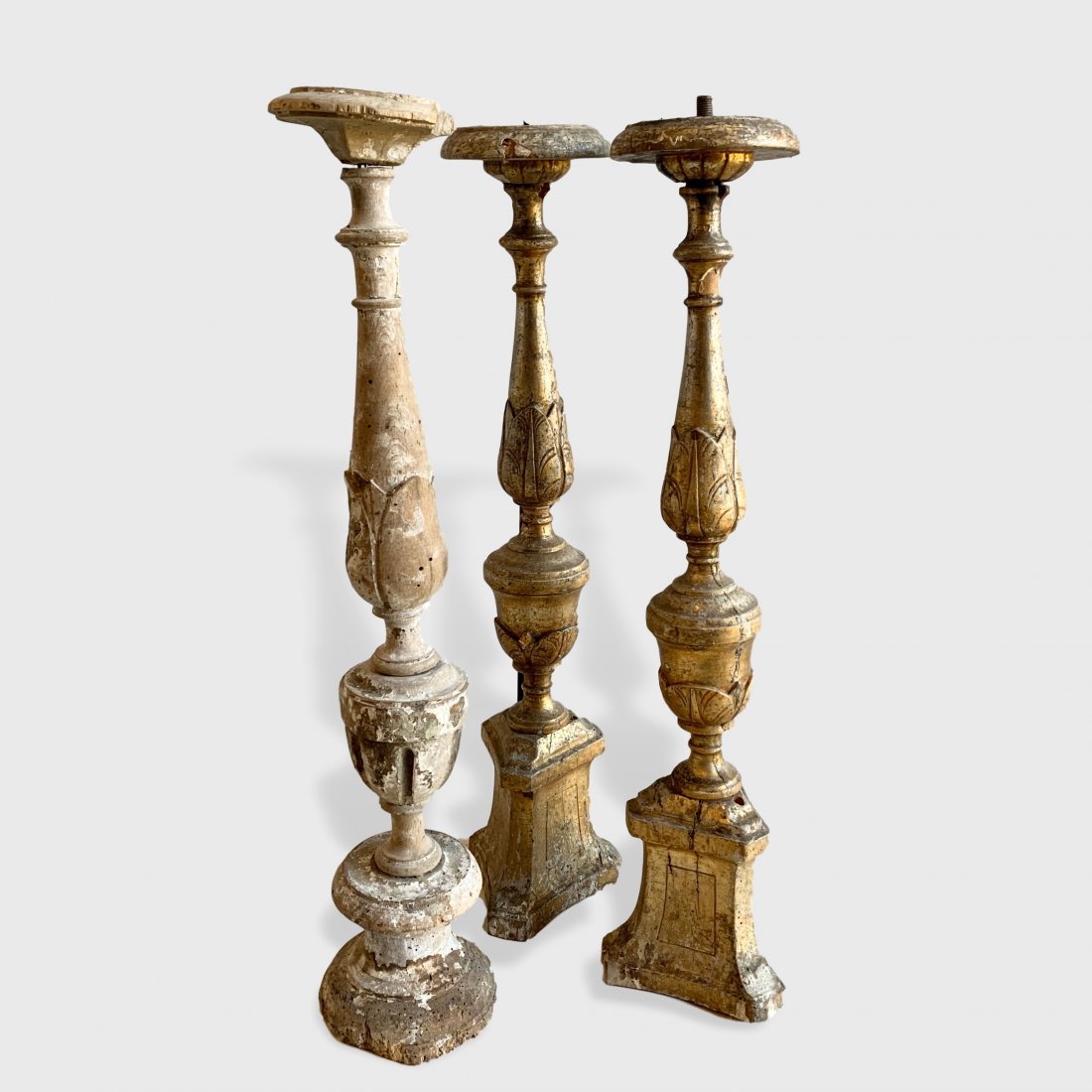 3 Italian altar candlesticks, 18th century: Three 18th century giltwood altar candlesticks, Italian. 5" dia. X 24" h
