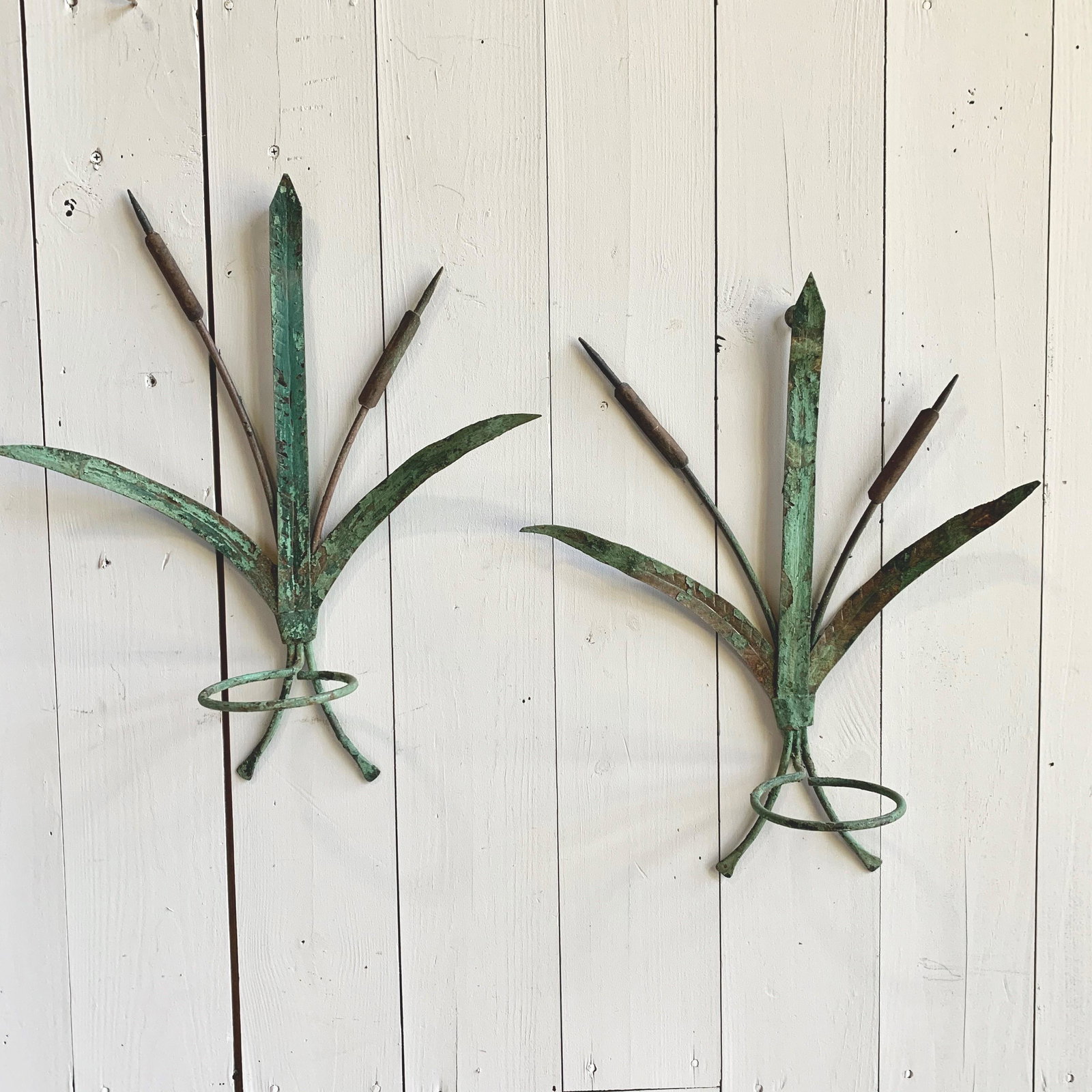 Pair Of Tole Flower Pot Sconces: Pair of tole and iron flower pot holders, old green paint. 15" w x 5" d x 19" h
