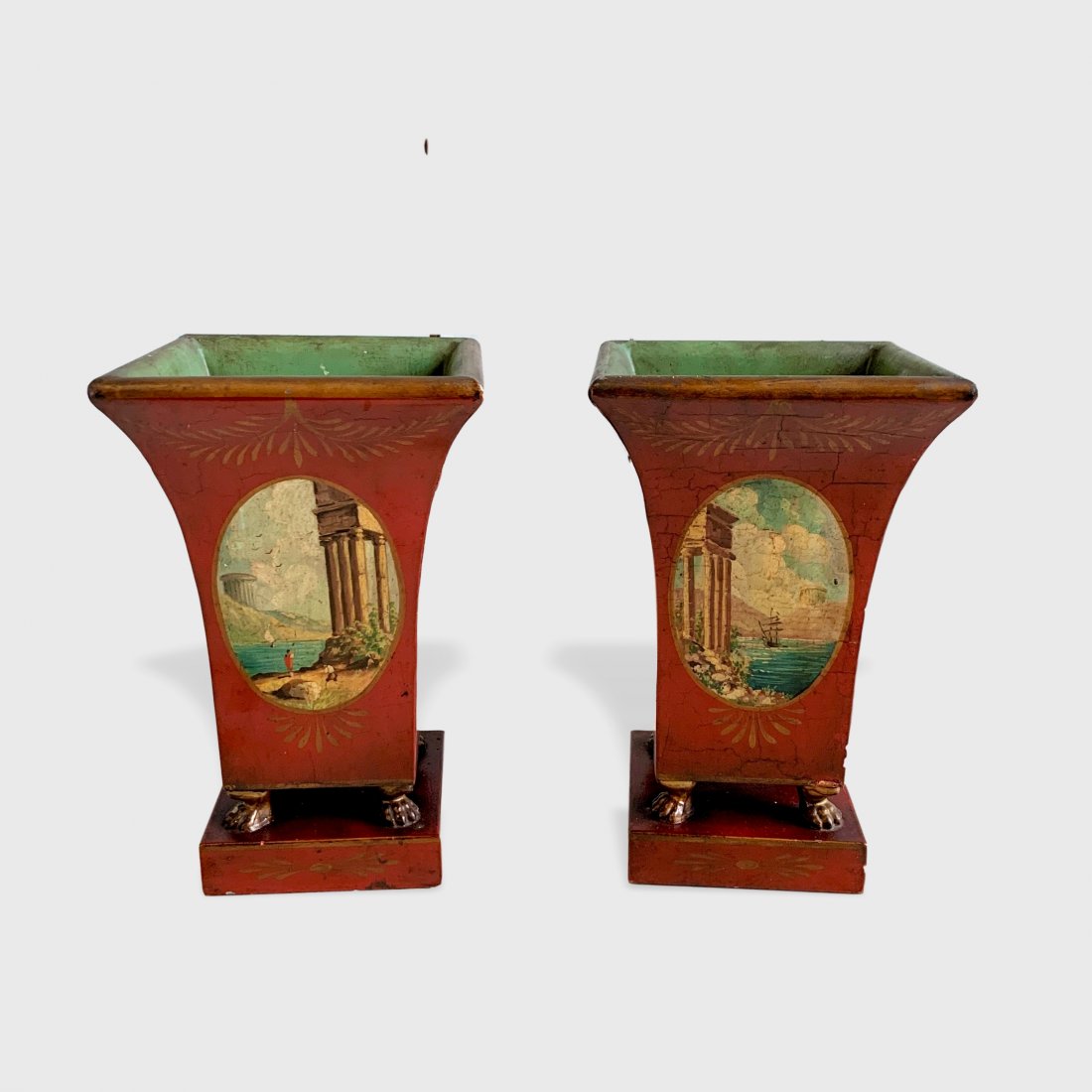 Pair Of Tole Jardinaires: Pair of red tole jardinaires with painted scenes, 20th century 5" x 5" x 9" h