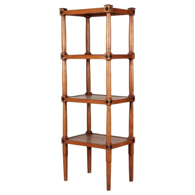 French Directoire Style Etegere: A French Directoire style Ã©tagÃ¨re or "whatnot" shelf in fruitwood with turned legs and 4 shelves. 21" w x 16.5" d x 62" h