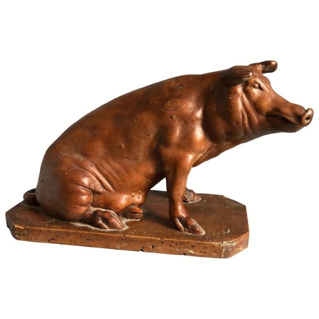 French Carved Wood Pig Sculpture, 19th Century (1 of 8)