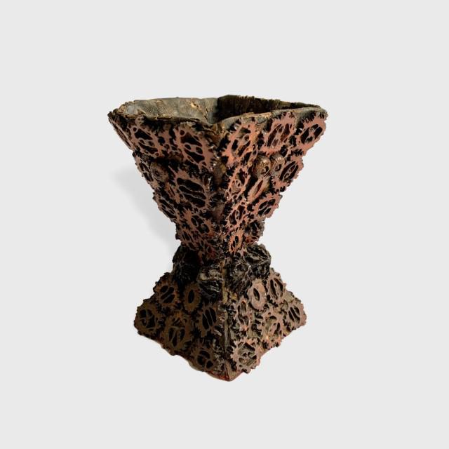 Tramp Art Vase: Tramp art vase, 1900's, carved wood. 3" x 3" x 6" h